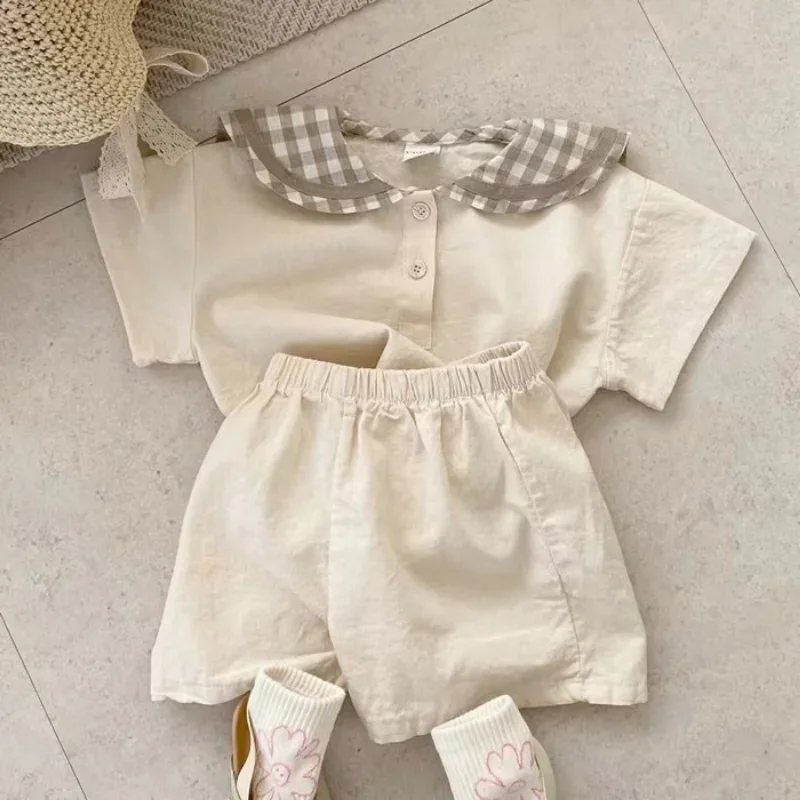New Summer Baby Navy Collar Plaid Clothes Set Children Short Sleeve Tops + Shorts 2pcs Suit For Boys Girls Infant Outfits kids clothes set,two piece set,baby girl clothing set,shorts suit
