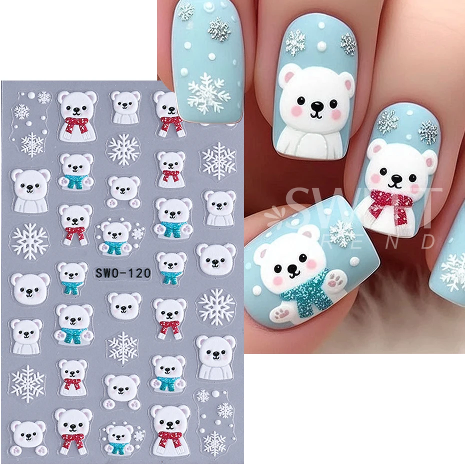 3pcs Embossed Christmas Nail Stickers Cute Snowman Santa Claus Penguin Bear Nail Decals Autumn Winter Nail Supplies Decoration
