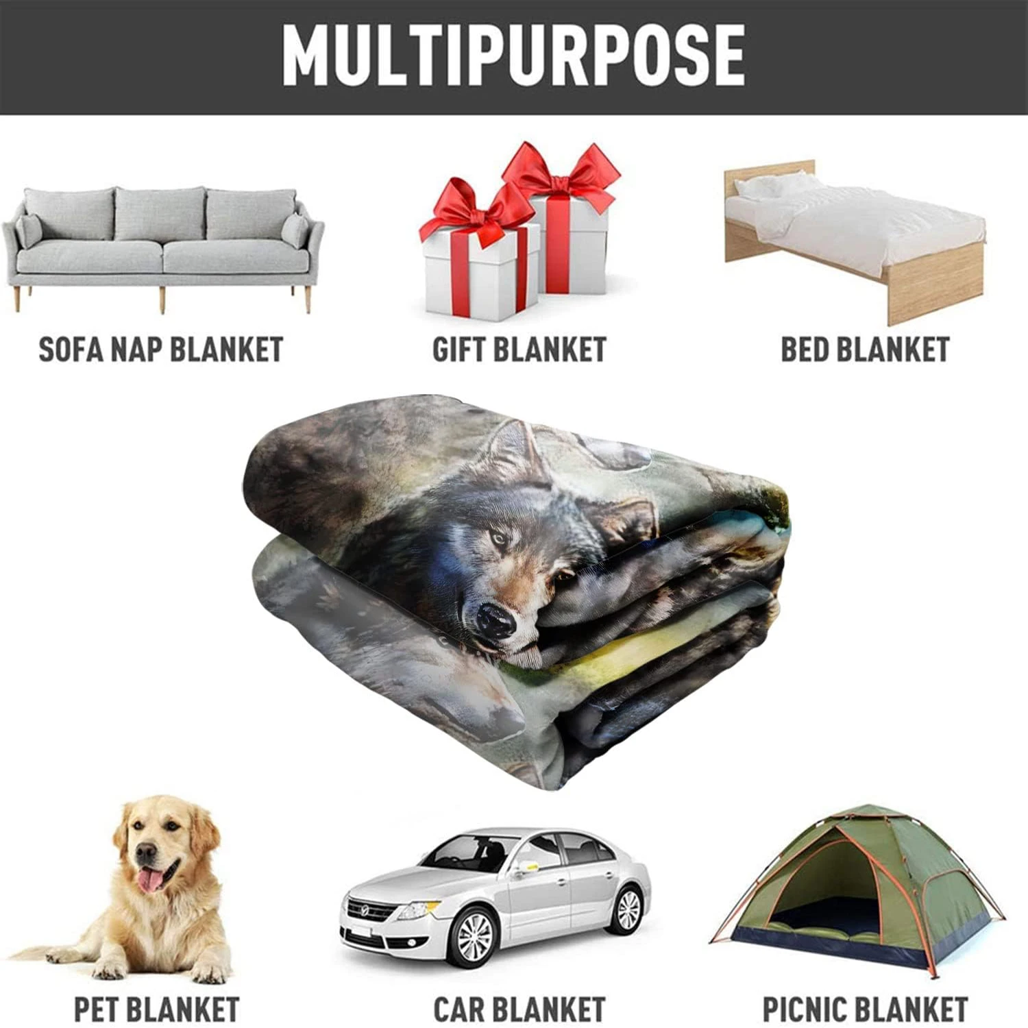 Wolf flannel blanket soft fluffy wool sofa bed moon wolf green blanket gift 5