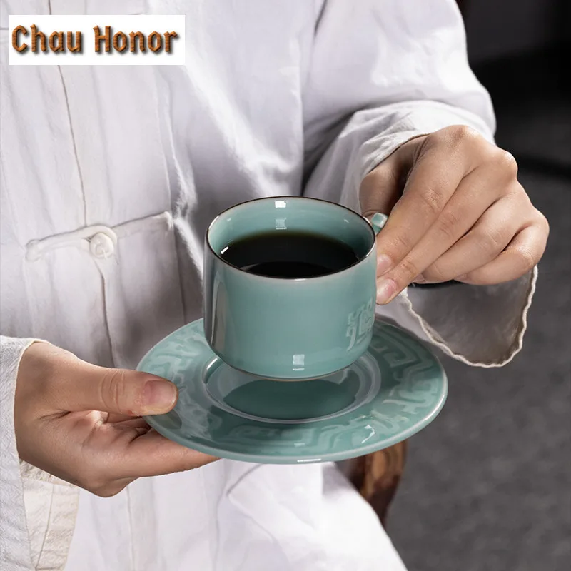 160ml Handmade Longquan Celadon Coffee Mug With Plate Hot Chocolate Cup Tea Pair Afternoon Tea Mug Cup Saucer Kit Drinkware Gift