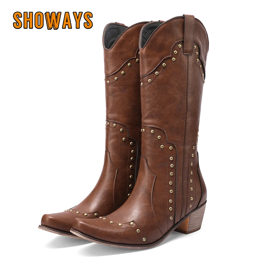 

Winter Western Mid-calf Boots Women High Block Heels Blue Denim Black Brown PU Rivet Autumn Retro Party Dress Cowgirl Half Boots
