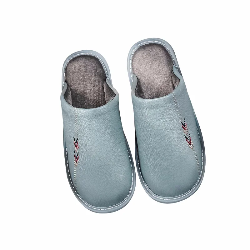 Women's Genuine Leather Winter Indoor Slippers Comfortable Warm Men Household Slippers Anti-Slip Couple's Casual Home Shoes