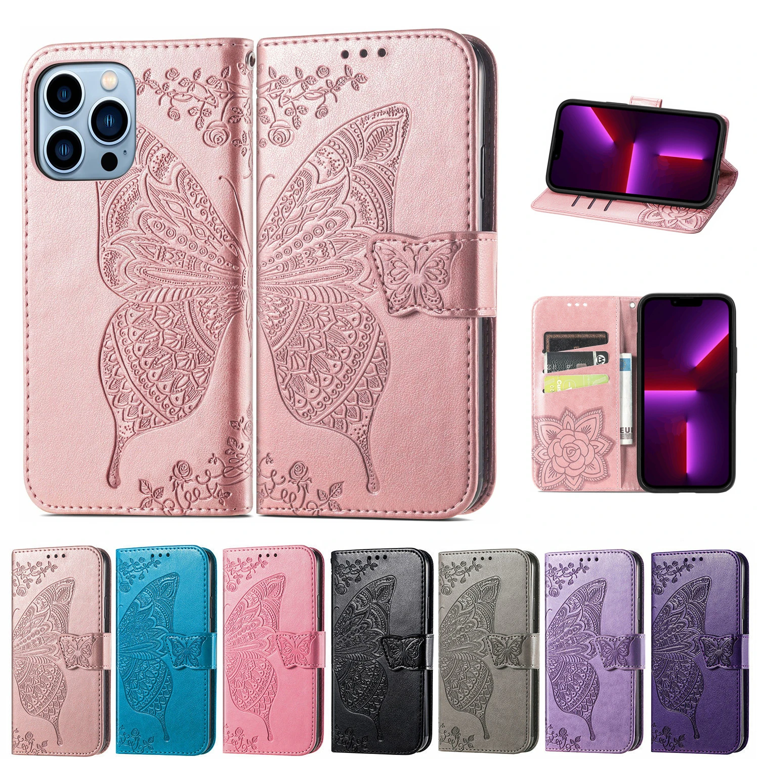 

Butterfly Embossed Case for iPhone 15 Pro Max 14 13 12 11 Pro Max 15 Plus 13 Pro Shockproof Leather Wallet Card Slots Flip Cover