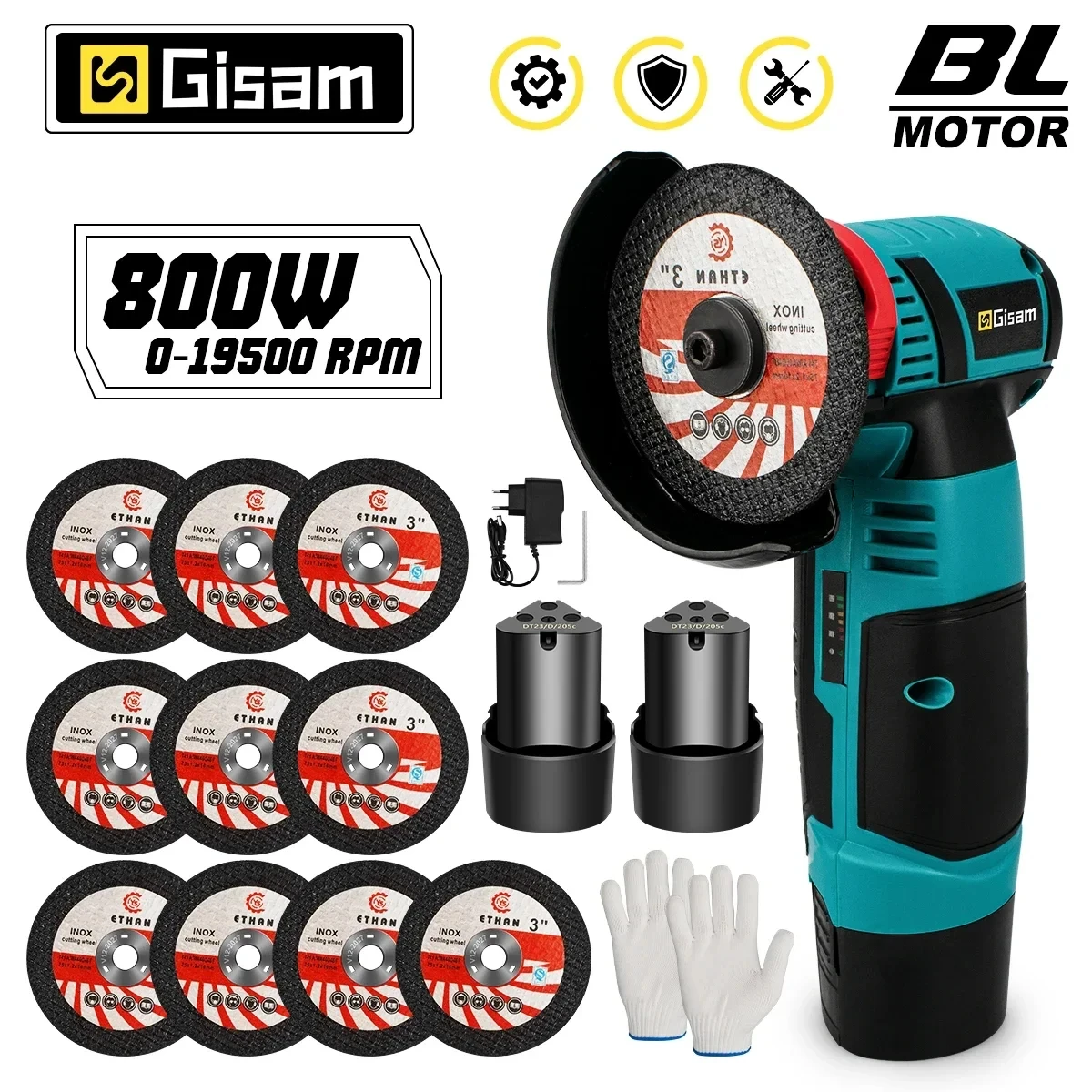 GISAM Esmerilhadeira Angular Elétrica Brushless 12V, máquina de corte e desbaste recarregável, ferramenta de polimento com bateria 2000mAh