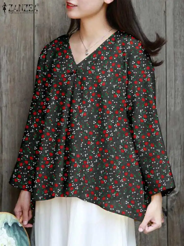 

ZANZEA 2024 Spring Long Sleeve Holiday Shirt Women Floral Print Blouse Causal Loose A-line Blusas Vintage V-Neck Tunic Oversized