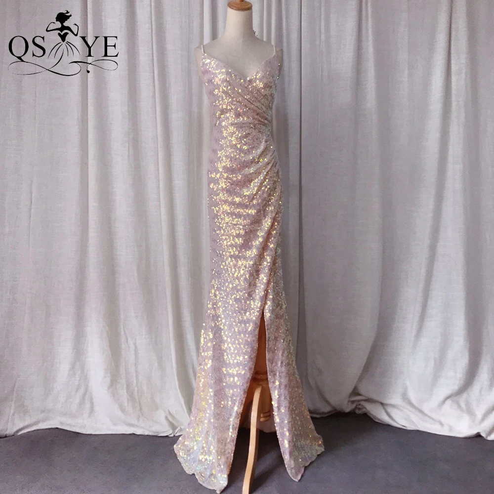 

Блестящее золотистое розовое платье для выпускного вечера на бретельках с V-образным вырезом блестящее платье принцессы с блестками блестящее платье с рюшами сексуальное шикарное вечернее платье с разрезом