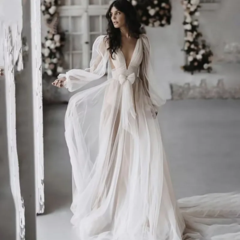 ranmo boho a line wedding dress v neck lantern long sleeves elegant bridal dress button zipper up sweep train beach wedding gown Simple White A-Line Tulle Long Sleeves Wedding Dress Elegant Pleat Illusion Bridal Gowns Sexy Deep V-Neck Sweep Train vestidos