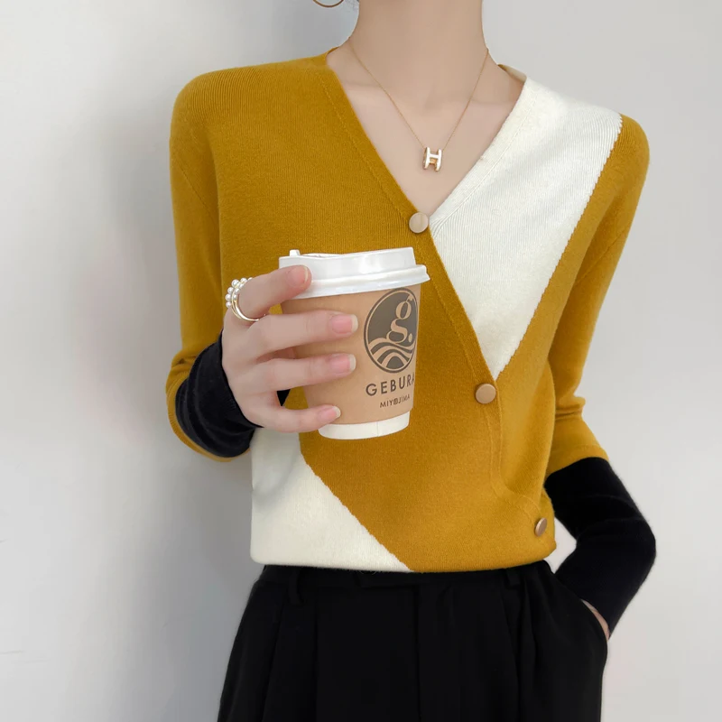 

Elegant Women Sweater Patchwork Cashmere Wool Pullover Knit Tops Long Sleeve V Neck Button Elastic Knitwear Female Jumper I774