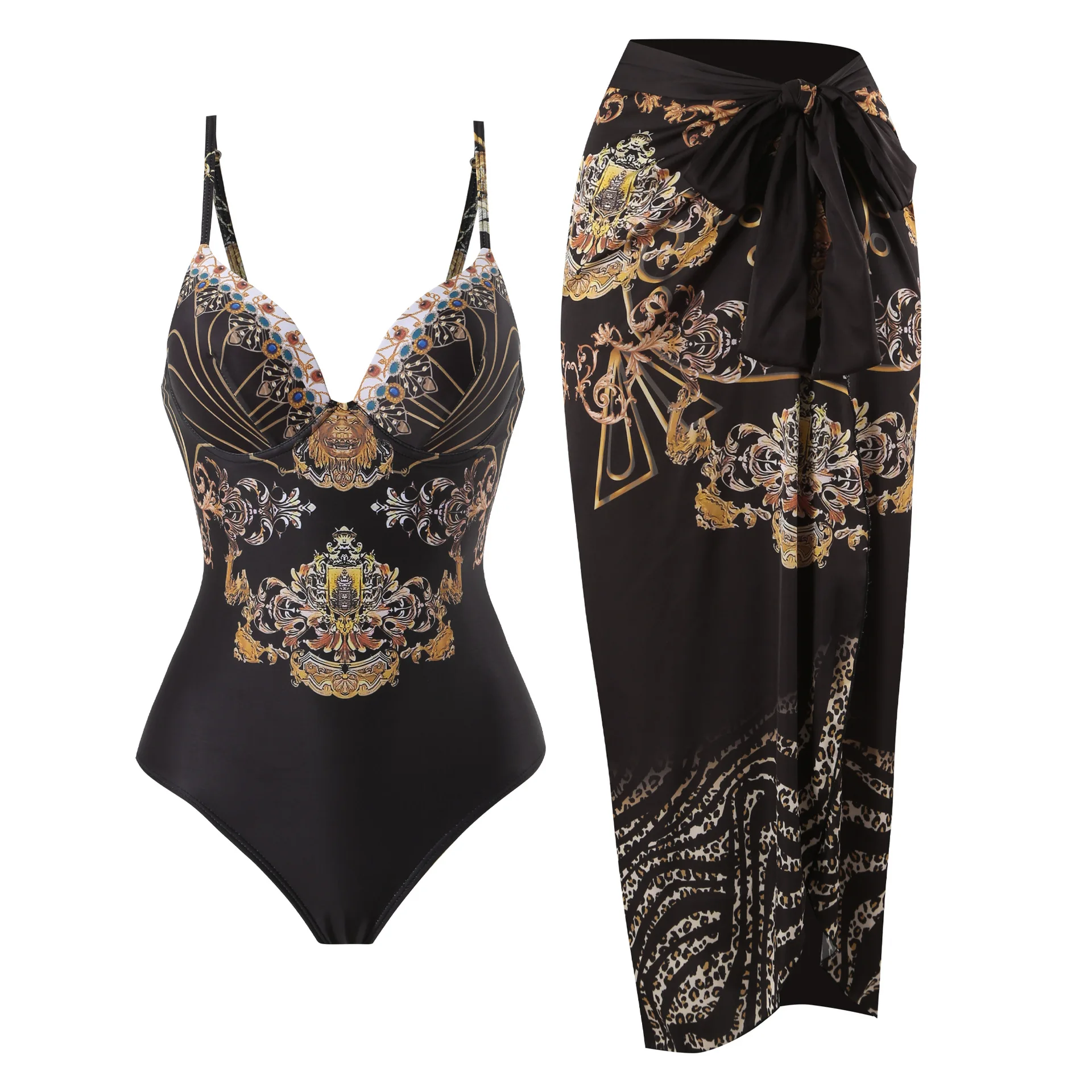 

2023 New Fashion Patchwork Print Two Pieces Swimsuit V-Neck Luxury Sexy Lace-Up Bikini Pull Up Slim Beachwear