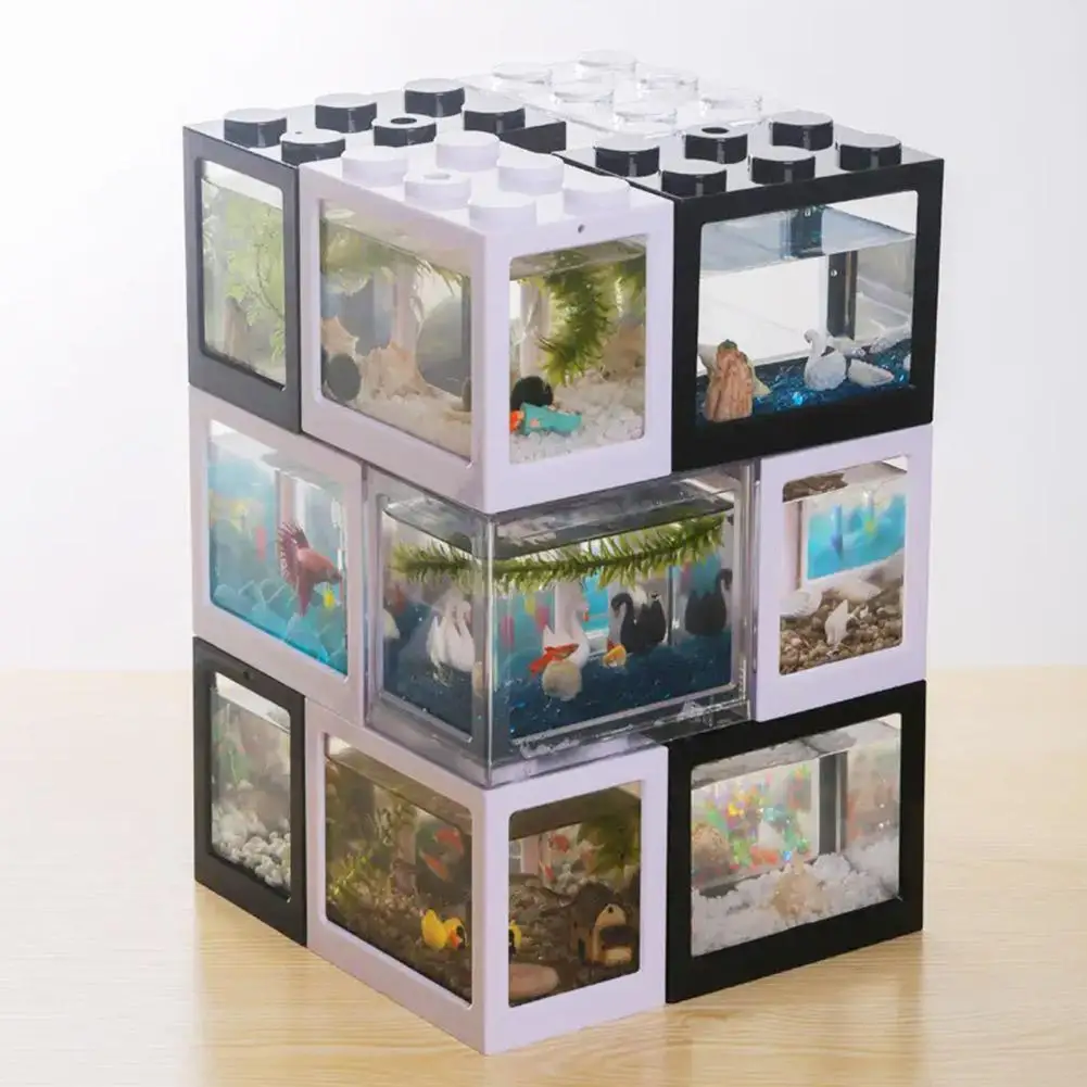 Building Blocks Betta Fish Tank High Transparent Mini Fish Bowls Pet Stackable Aquariums Cylinder Desktop Micro-Landscape