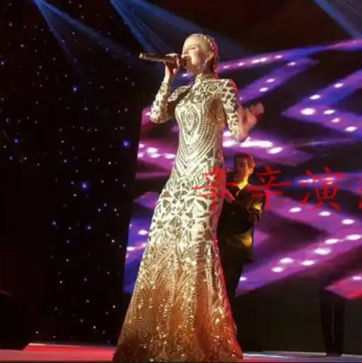 

Платье для хозяйки, певицы, сценические костюмы, Золотые Бронзовые блестящие длинные рыбьи хвосты для женщин, блестящие для исполнения