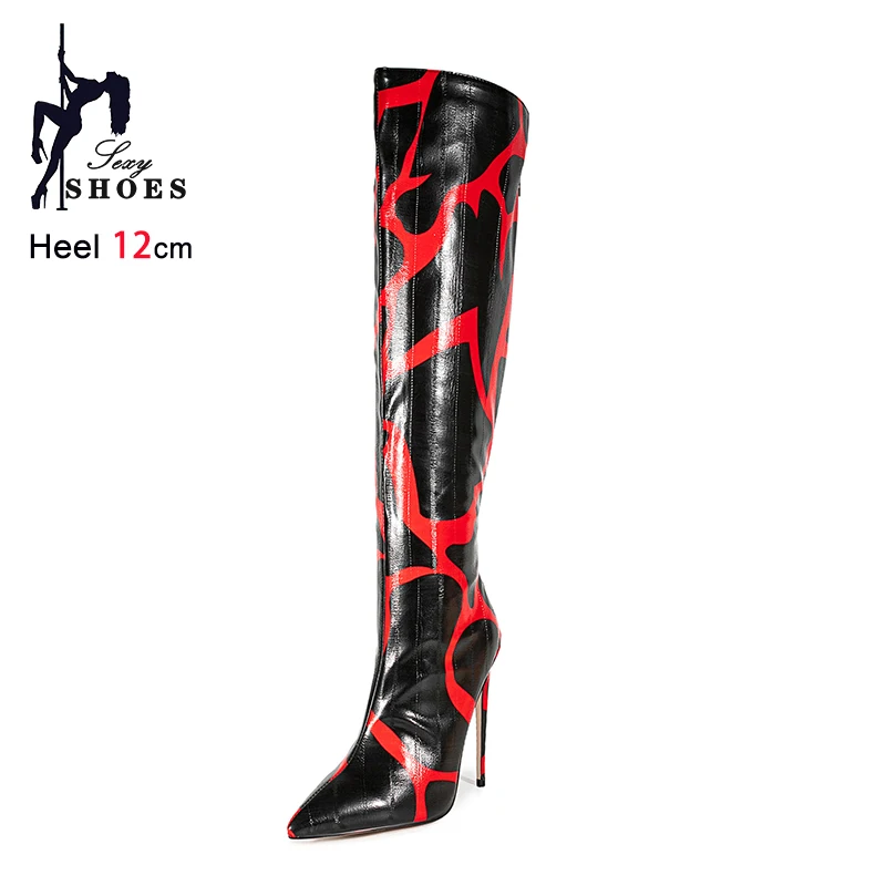 12CM Thin Heel Pointed Toe Long Boots Women Black Red Mixed color Fashion Autumn Shoes Plus Size 45 46 47 Winter Knee High Boots