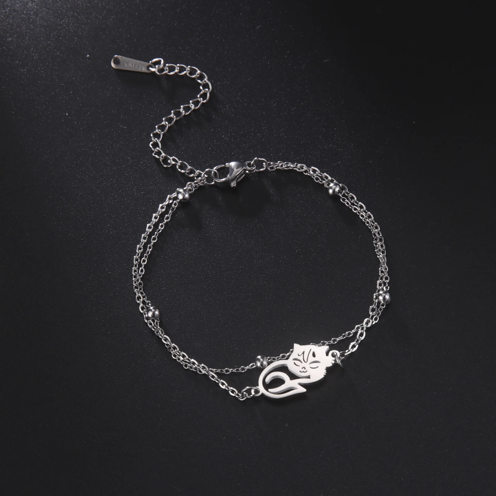 Cute Lying Cat Charm Bracelet for Women Stainless Steel Animal Kitten Wax Rope Hand Bracelet Jewelry - PeticaDeals