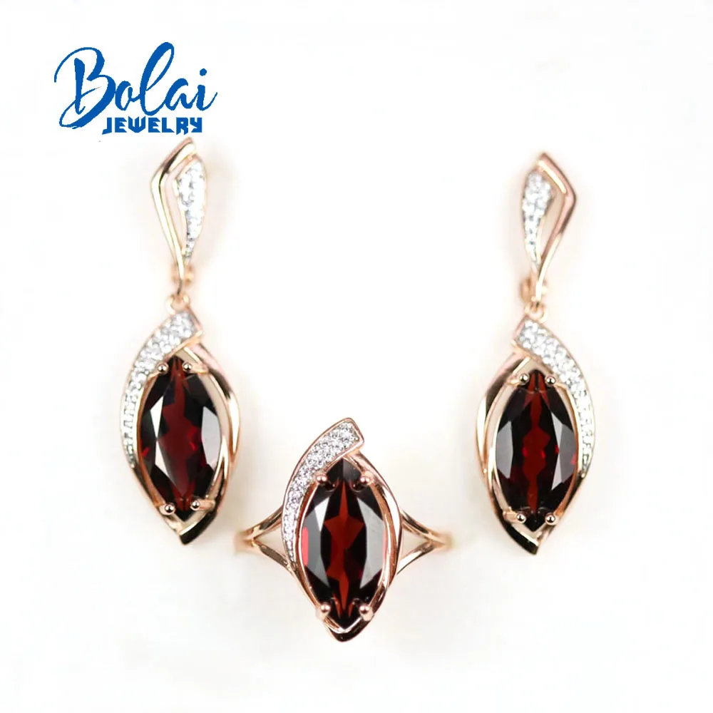 Bolai,100% Natural gemstone 13.5ct garnet ring earrings jewelry set 925  sterling silver fine jewelry for women