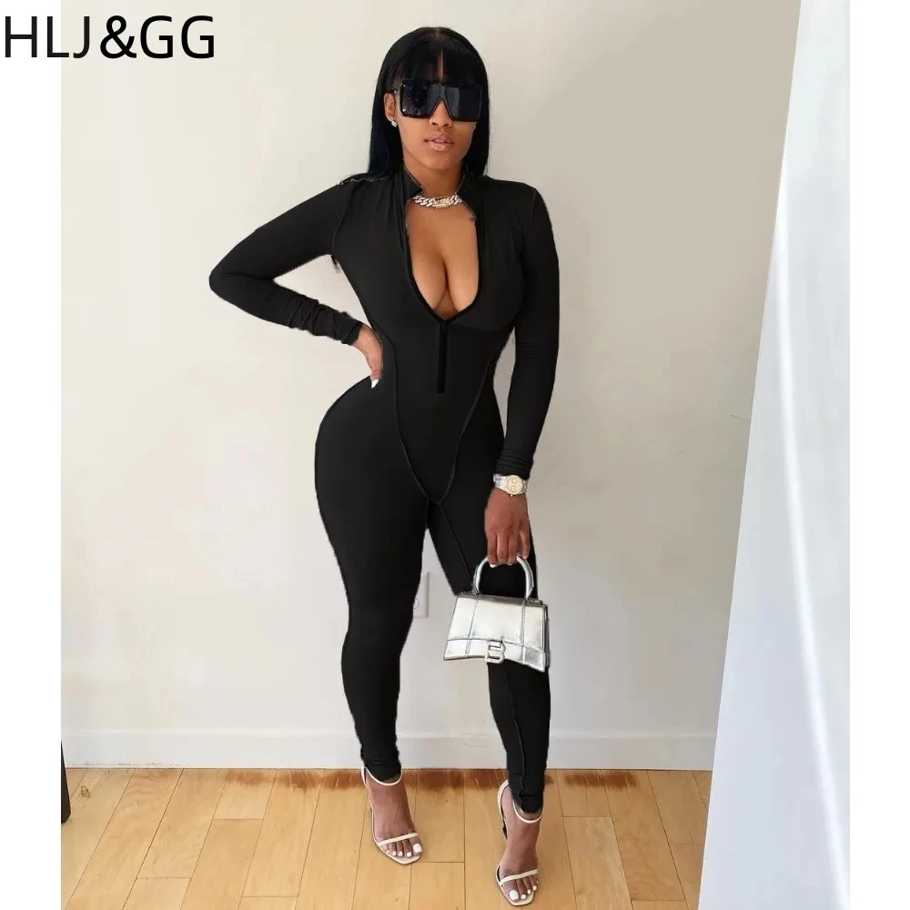 HLJ&GG Autumn Casual Deep V Zipper Sporty Jumpsuits Women Long Sleeve Skinny Pants One Piece Playsuits Female Solid Home Overall