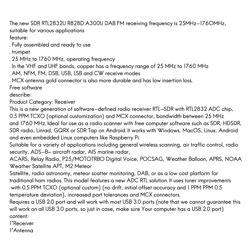 SDR RTL2832U R828D A300U DAB FM용 리시버, 25 Mhz -1760 Mhz