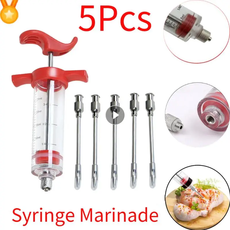 5Pcs BBQ Meat Flavor Injector Food Grade PP Stainless Steel Needles Spice Syringe Set Kithen Sauce Marinade Syringe Accessory