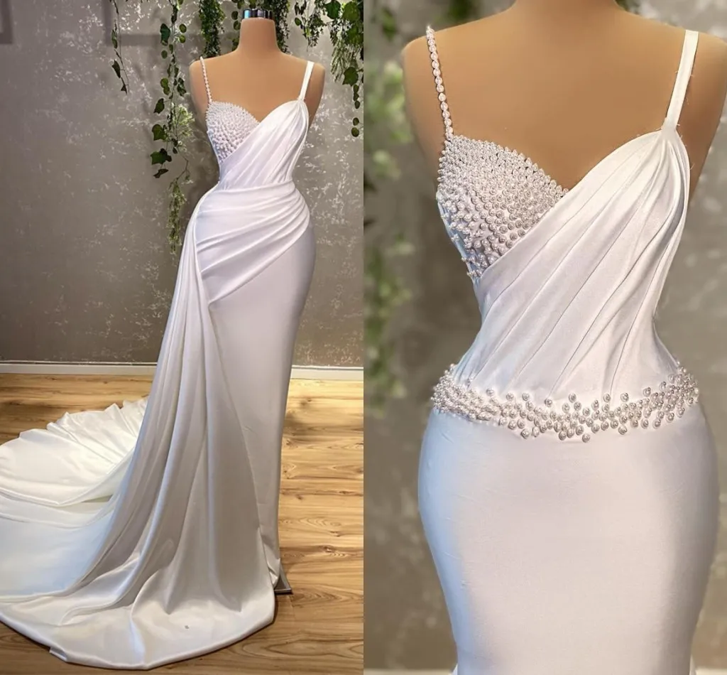 

Elegant Mermaid Wedding Dress 2023 Sweetheart Pearls Sweep Train Bridal Party Gowns Satin Customize Vestidos De Noiva