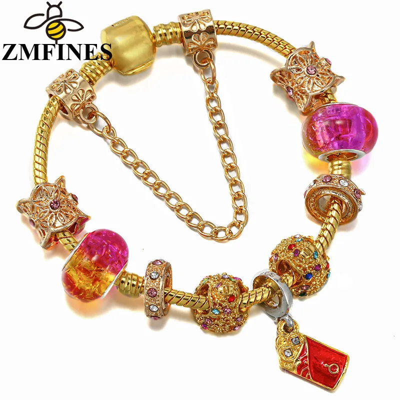 

Золотистый женский браслет с подвесками в виде бусин с кристаллами