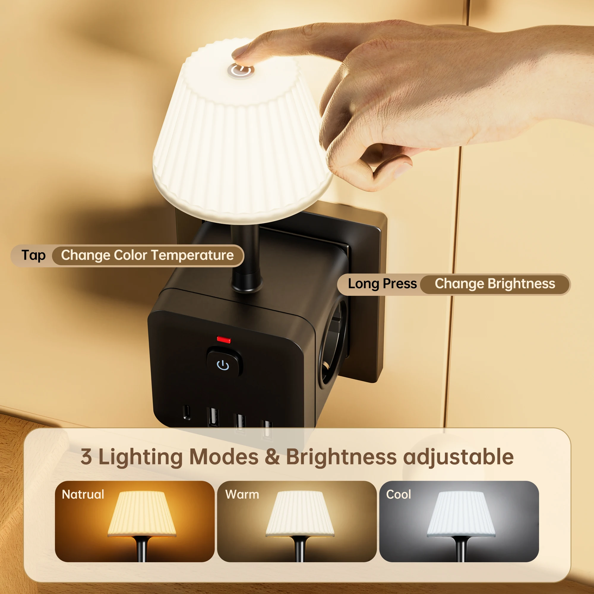 8-in-1 Power Cube with Desk Lamp, 3 AC outlets Extender, 4 USB ports (1 USB C), night office work lamp, dormitory writing night
