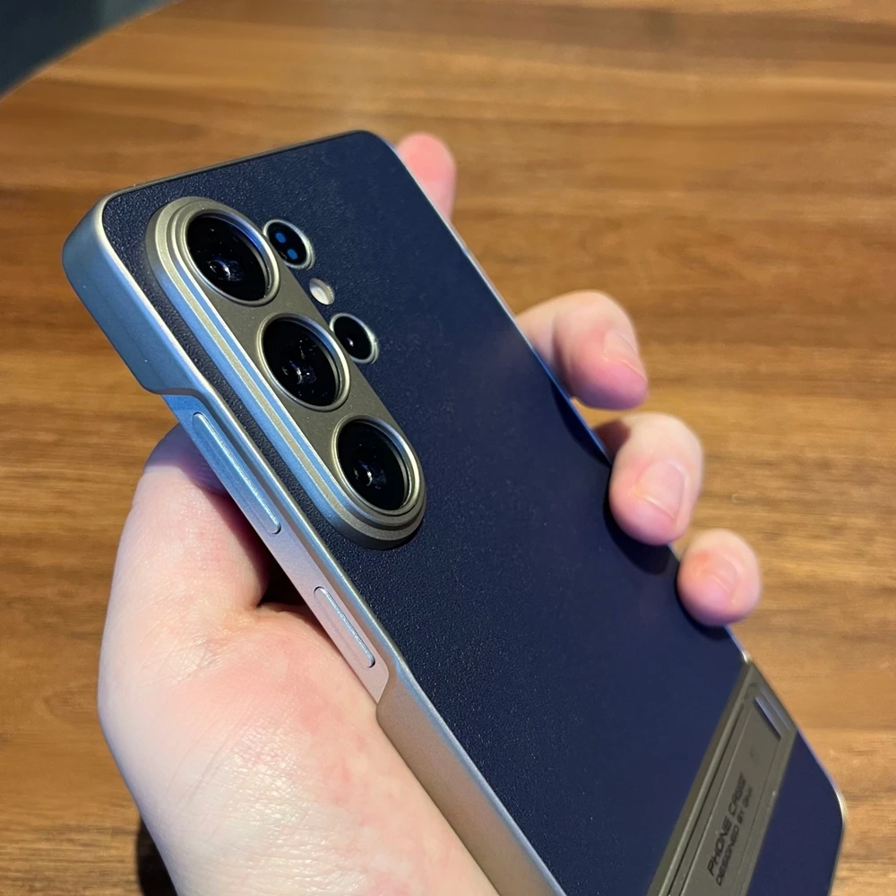 Business Lichee Leather Matte Phone Case with Invisible Stand and Plating Finish