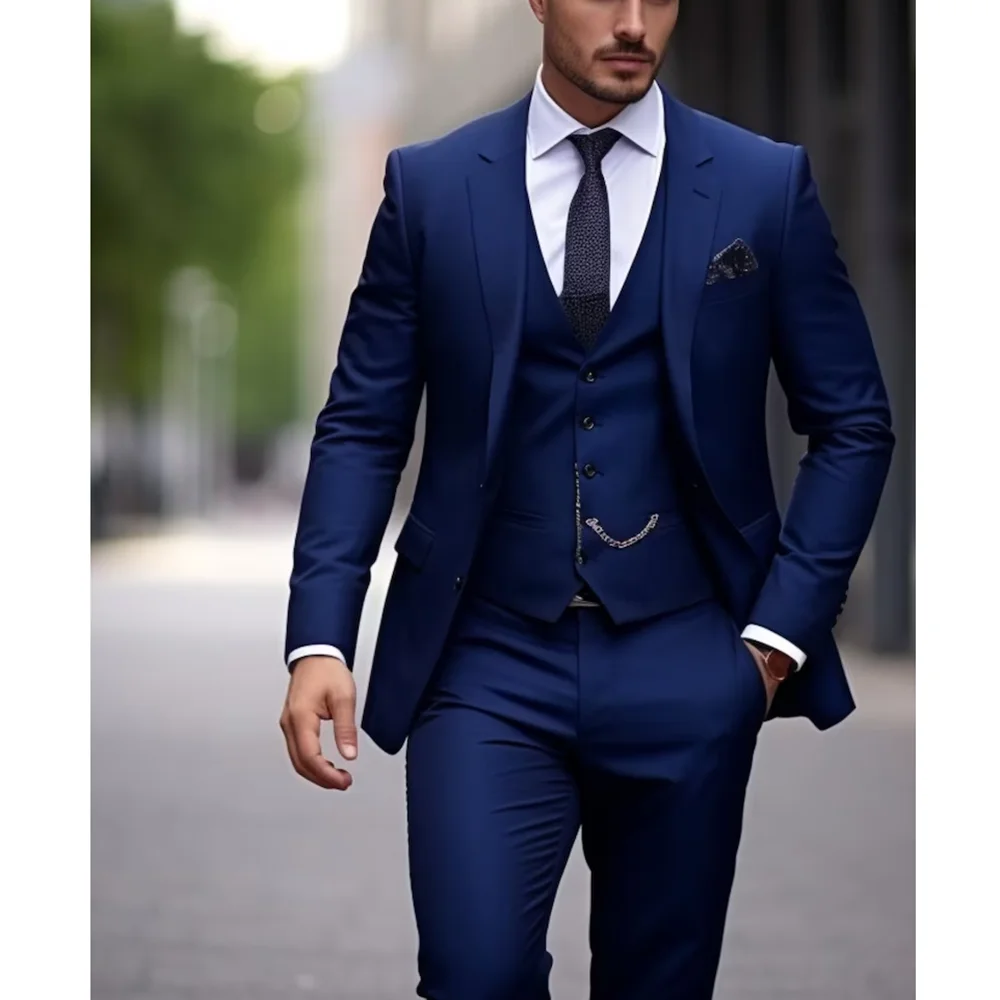 Dark Blue Men Suits 3 Piece Fashion Notch Lapel Single Breasted Outfits Solid Color Chic Business Casual Office Wedding Tuxedo 2