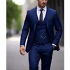 Dark Blue Men Suits 3 Piece Fashion Notch Lapel Single Breasted Outfits Solid Color Chic Business Casual Office Wedding Tuxedo 2