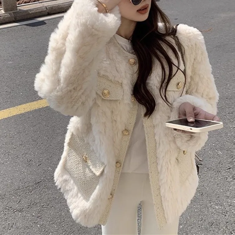 

Korean Vintage Lambswool Beige Jacket Women Fall Winter Thicker Single Breasted Elegant Fashion Tops with Pockets Coat Outerwear