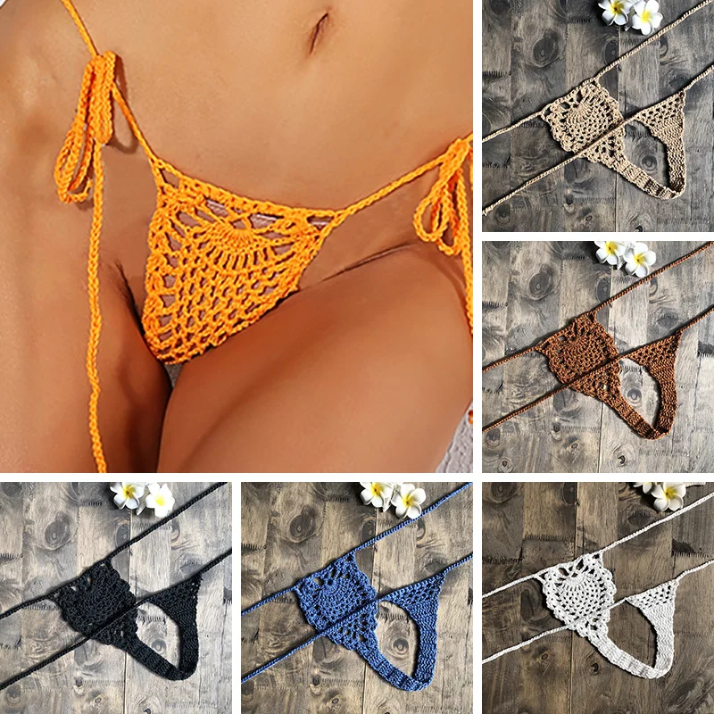 CROCHET BIKINI Mini Micro G-strings Thongs Sexy Bikini Bottom Women Swimwear Crochet Cotton Brazilian Side String Tie Thong