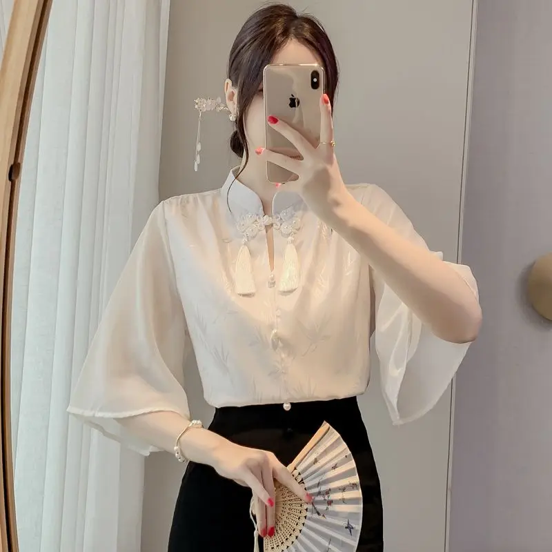 

Summer Chinese Style Loose Casual Sweat Retro Office Lady T-shirts for Women Print Solid Color Turtleneck Long Sleeve Chic Tops