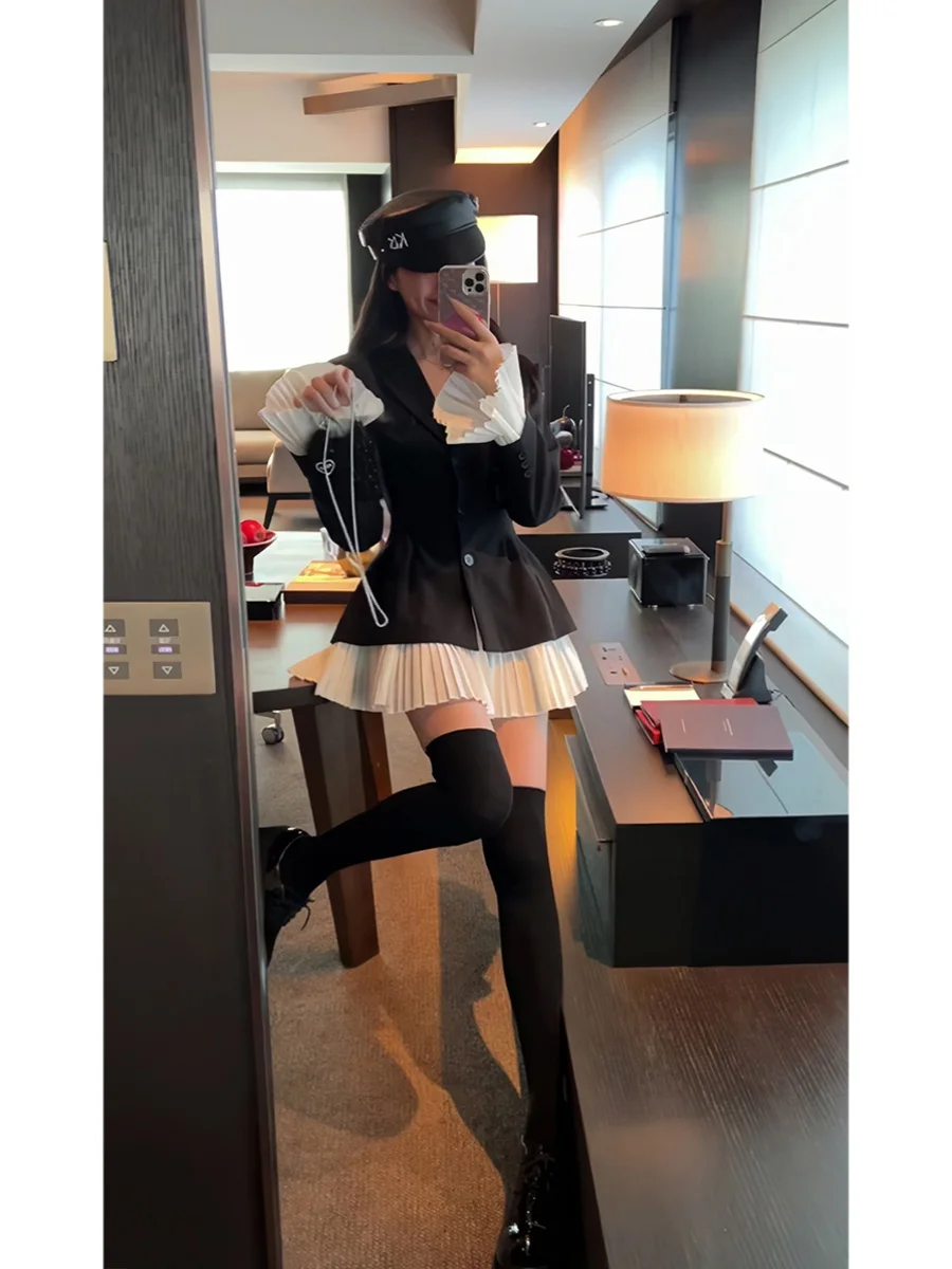 Elegant Patchwork Suit Dress Women Turn-down Collar Single Breasted Flare Sleeve Pleated Autumn Spring Korean Chic New Clothes