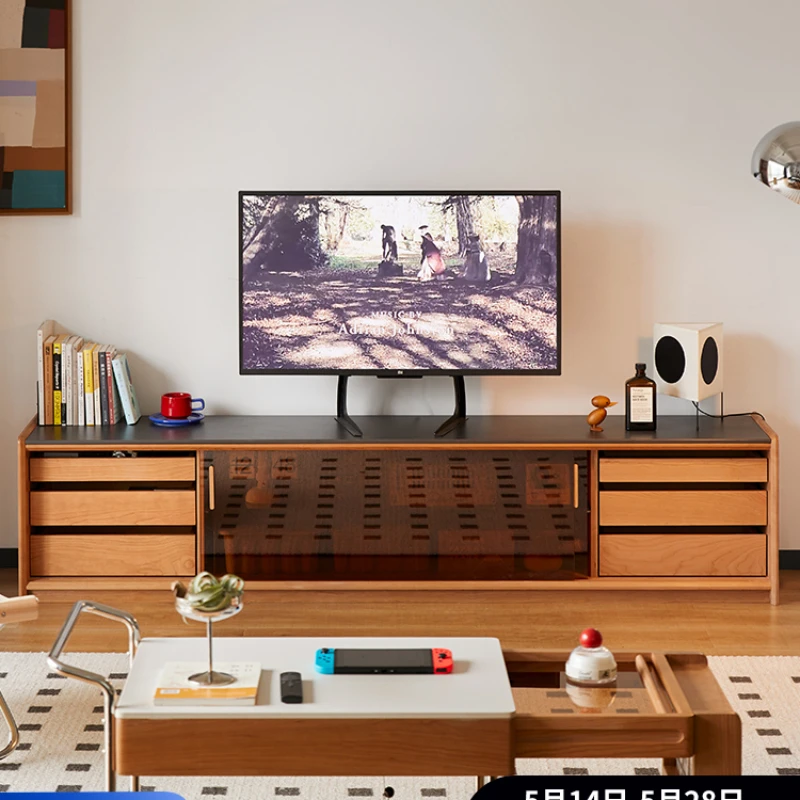 

Furniture solid wood rock panel TV cabinet, natural wind cherry wood coffee table combination, household floor