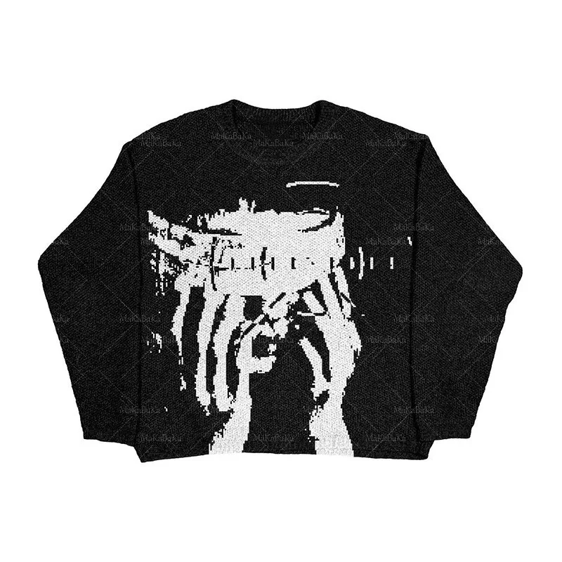 

New Hip Hop Streetwear Knitted Sweater men Gothic portrait Print Pullover autumn Harajuku Cotton sweater women Oversized Sweater