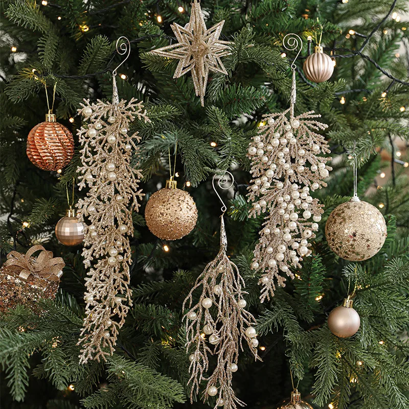 Champagne Colour Shaped Pendant Sticky Powder Pearl Plastic Cypress Leaves Christmas Tree Hanging Decorations Christmas Ornament