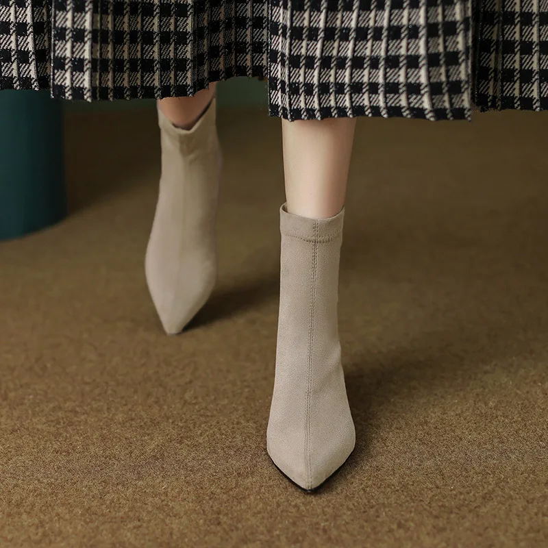 Women's Elastic Boots  Autumn/winter New Pointed Suede Nude Color Non-slip Back Zipper High-heeled Fashion Boots Botas Mujer