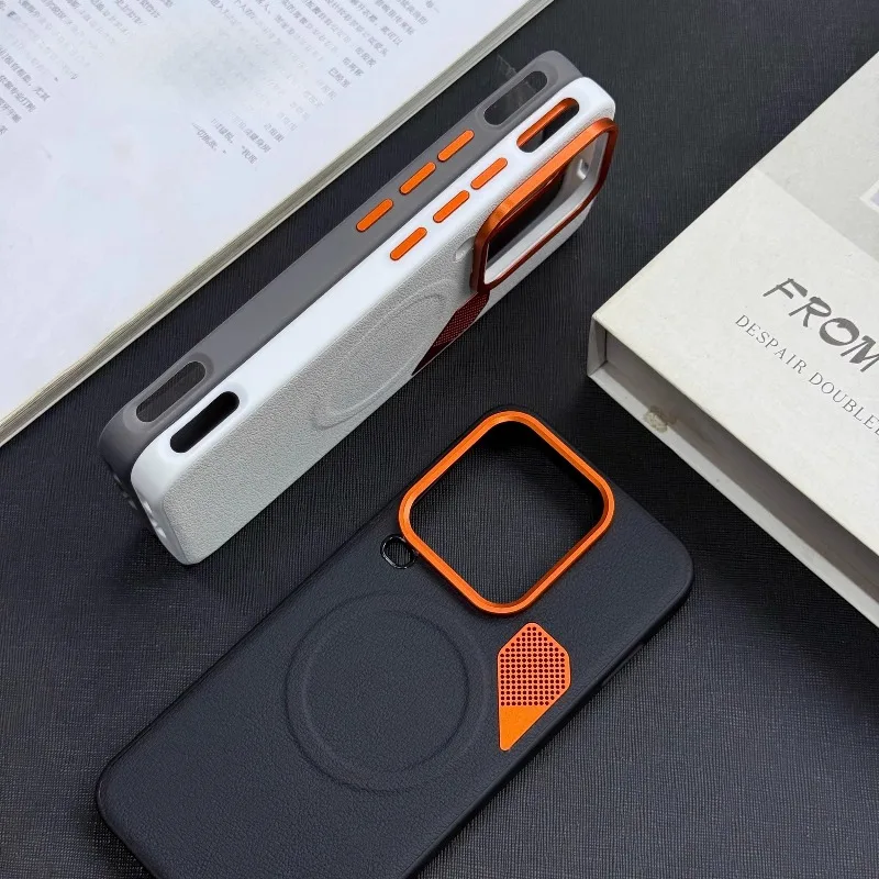 Luxury Magnetic Metal Heat Dissipation Leather Phone Case with Orange Lens Frame, Shockproof