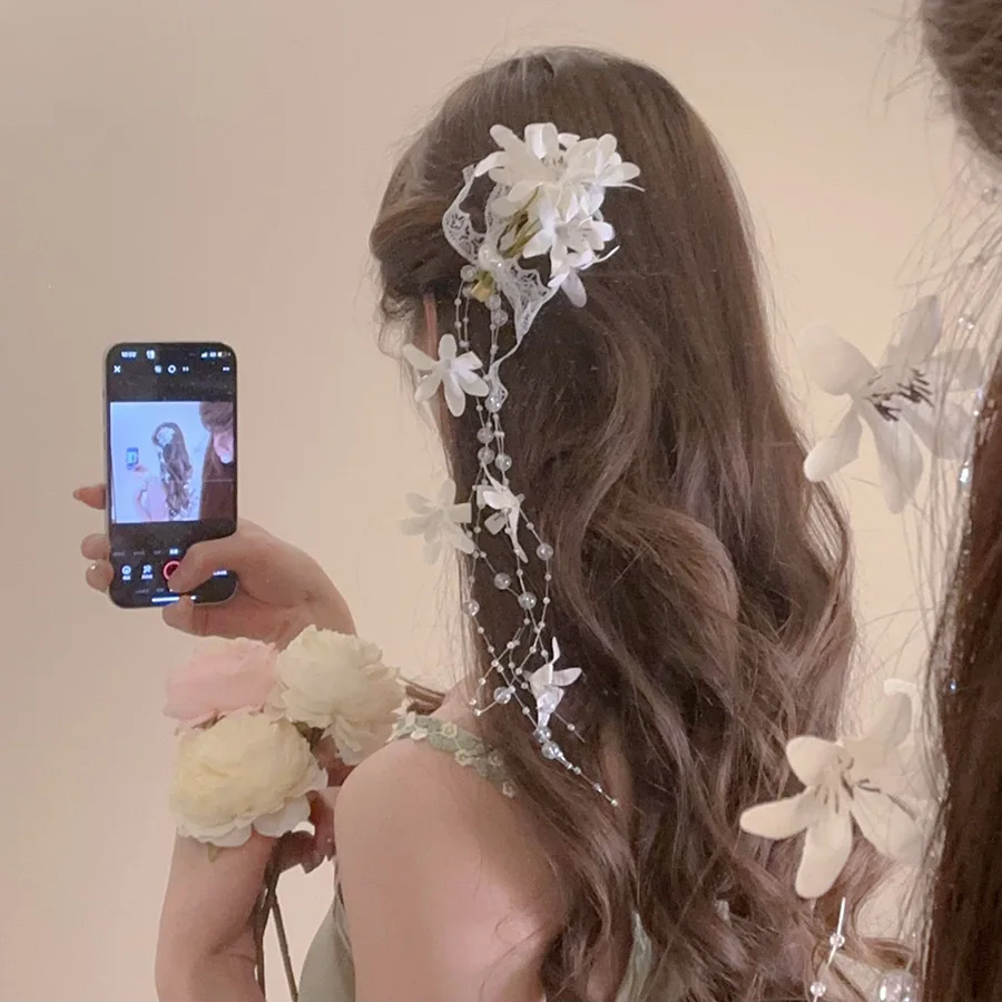 Stoffblumen-Haarspangen für Damen, Süße Spitzen-Schleife mit Langen Quasten, Entenschnabel-Clip im Fairycore-Lolita-Stil, Neue Haaraccessoires M – Detail 9