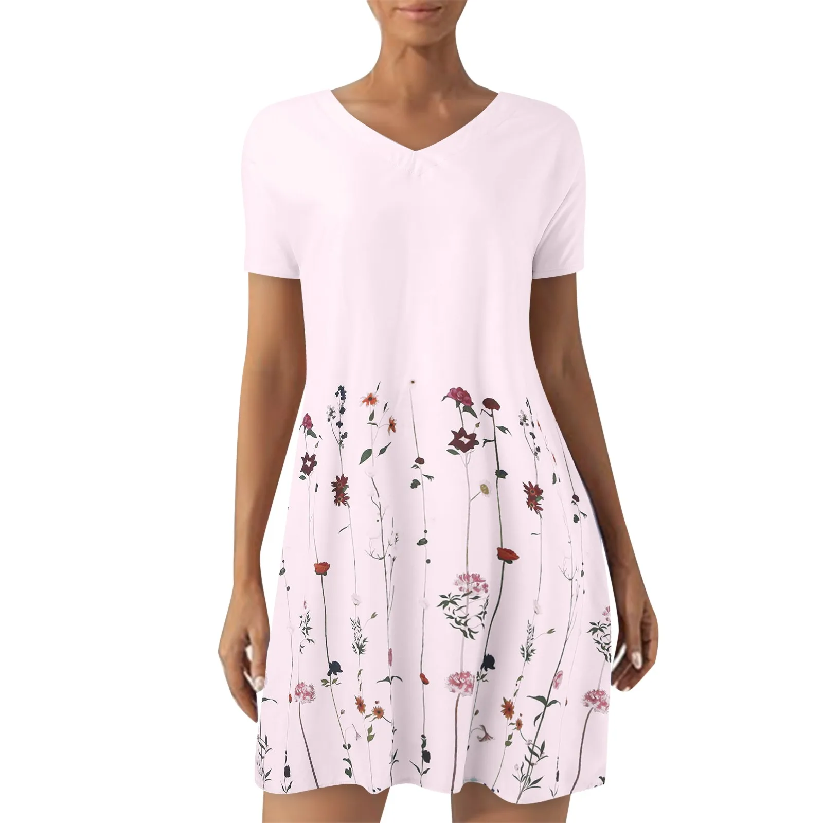 

Fashion Short Sleeve Dress 2024 New V Neck Flower Print Casual Daily Midi Dress All Match Comfortable Women's Clothing Dress