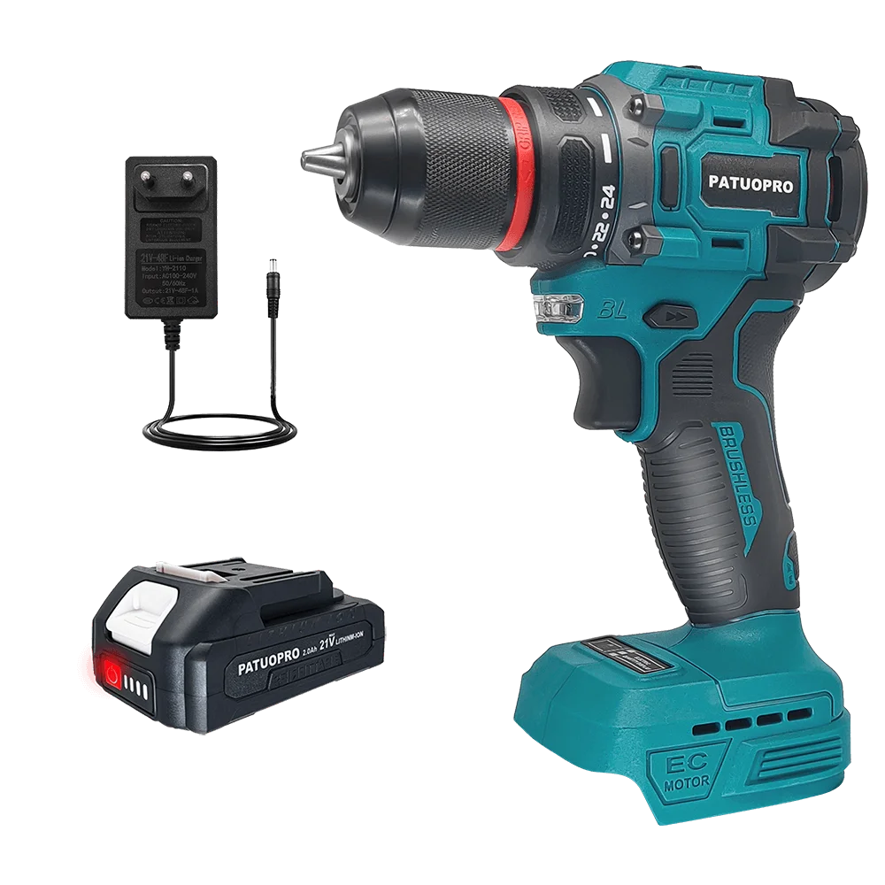 PATUOPRO Electric Drill Screwdriver, Brushless Cordless Self locking 10mm Two Speed 60 100Nm Torque Power Tools For Makita 18V Battery