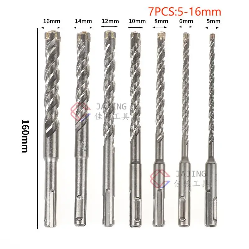 JAJING 7pcs SDS PLUS 160mm Electric Hammer Drill Bits Tungsten Cross Tip 5/6/8/10/12/14/16mm for Masonry Concrete Rock Stone round handle electric hammer drill bits 6 8 10 12 14 16 18 20mm cross type tungsten steel alloy for masonry concrete rock stone