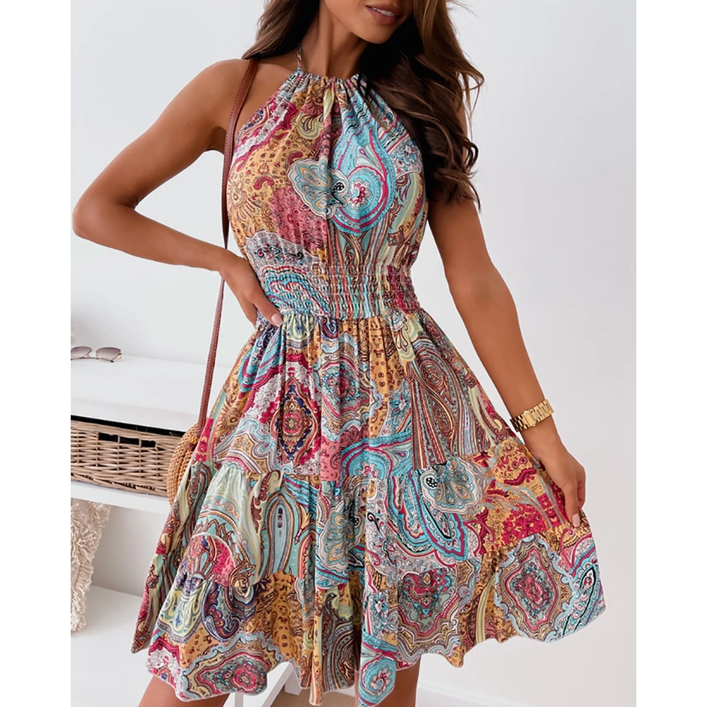 

Women Tribal Print Halter Midi Dresses for Women Party Summer Sleeveless Backless Dress Female Boho Shirred Holiday Beach Dress