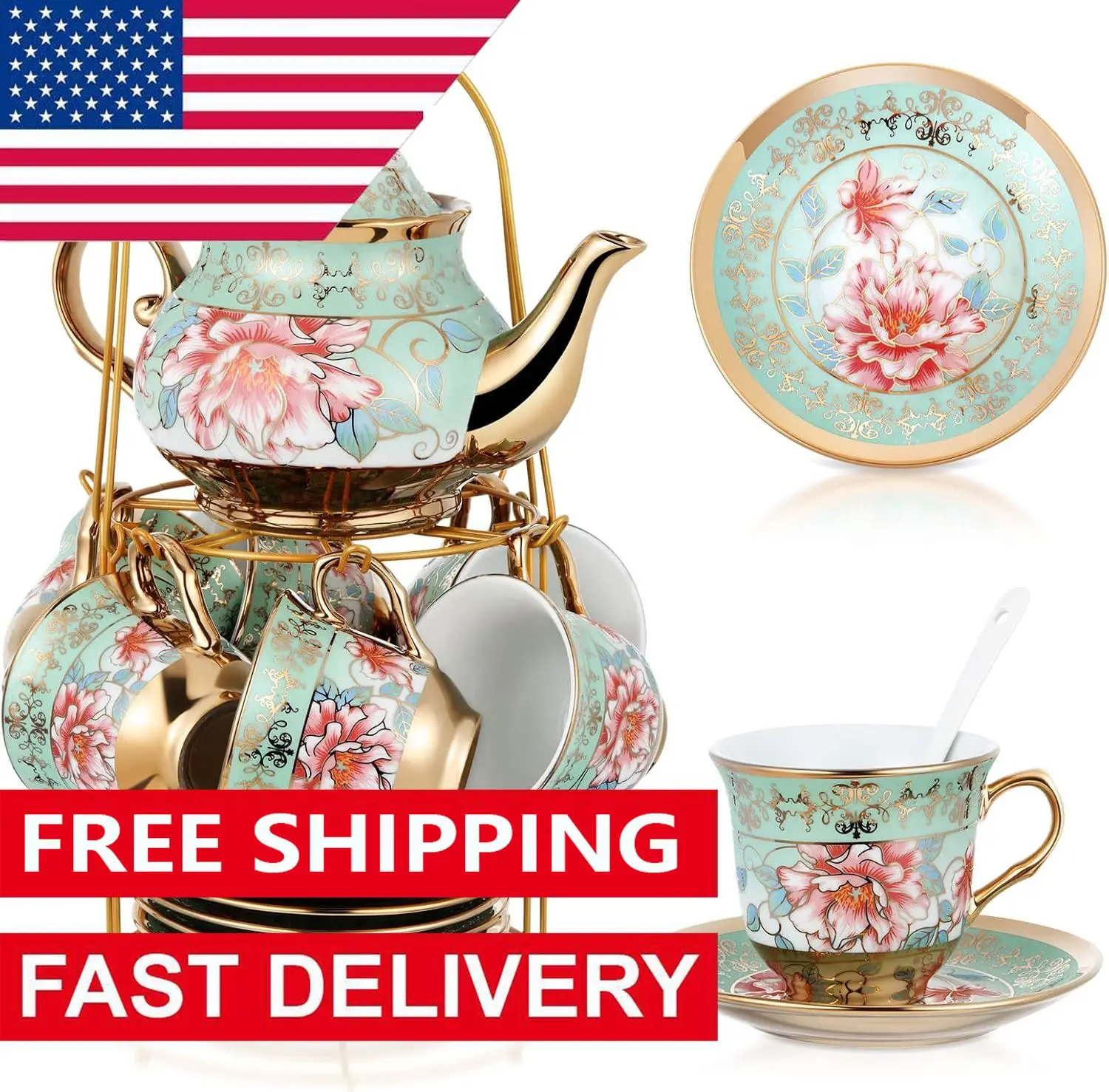 20 Pcs Porcelain Tea Set with Metal Holder Adult Ceramic Tea Party Set European Flower Cup Saucer for Adult Women