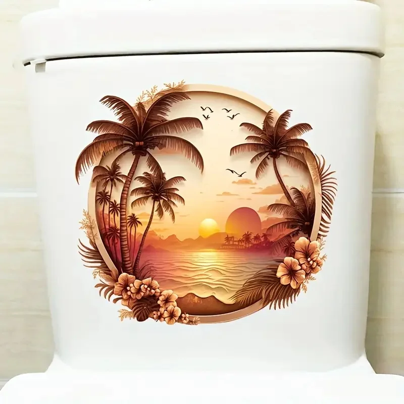 Tropical Sunset Beach Scene PVC Toilet Lid Decal-Self-Adhesive Waterproof Bathroom Decoration Sticker