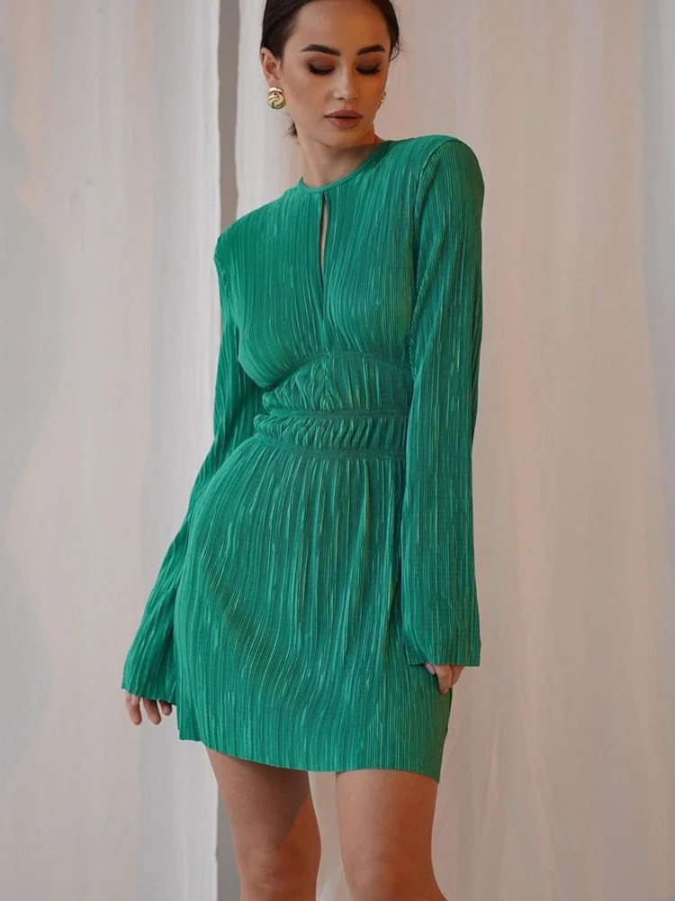 Elegant Long Sleeve Pleated Dress Women Fashion Casual Black Ruched Party Dresses Sexy Hollow Slim Solid Dress Spring 2022 New bodycon dress Dresses