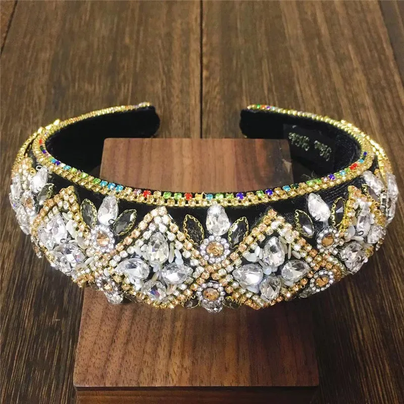 Ins New Baroque Sparkly Padded Rhinestones Headbands Full Lattice Crystal Hairbands Wide Headwear Woman Accessori Gift