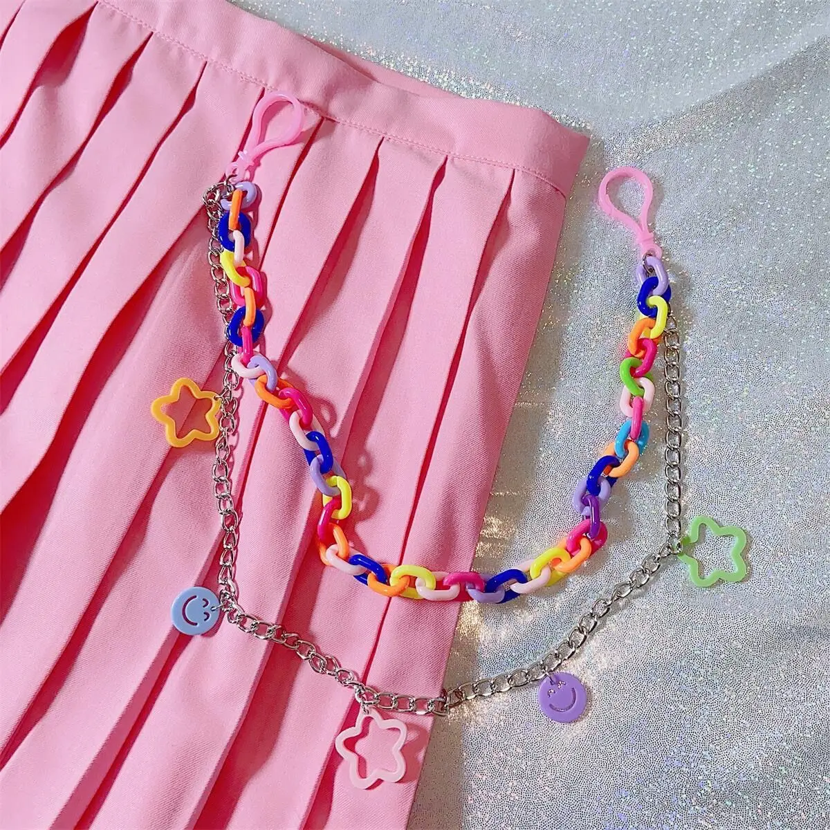 

INS Harajuku Style Y2K Millennium Spicy Girl Double Layer Street Star Macaron Colorful Women's Pants Chain Skirt Chain