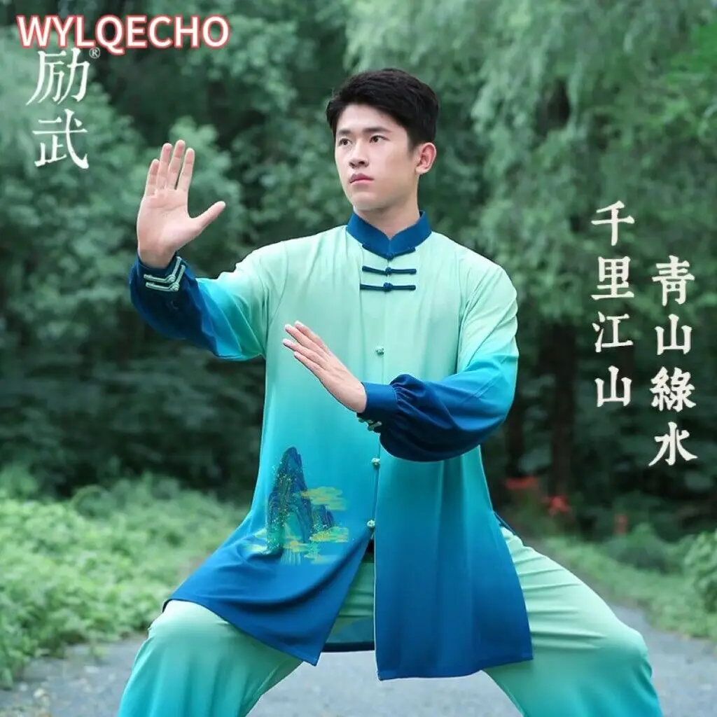 

2024 chinese tai chi uniform traditional gradient color martial arts exercise clothing wingchun suit kungfu outdoor sport set