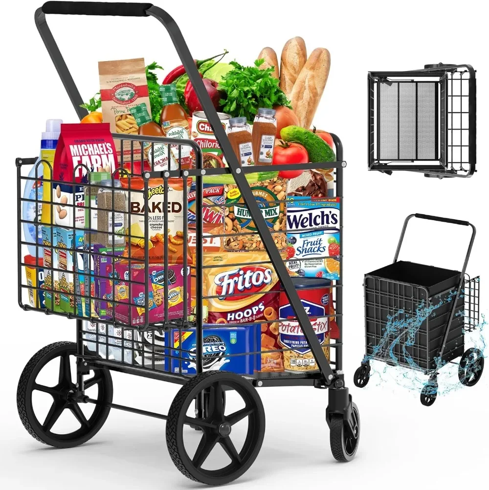 450lbs Capacity Shopping Cart,Upgrade Huge Grocery Cart on Wheels,Heavy Duty Foldable Utility Shopping Carts Double Basket