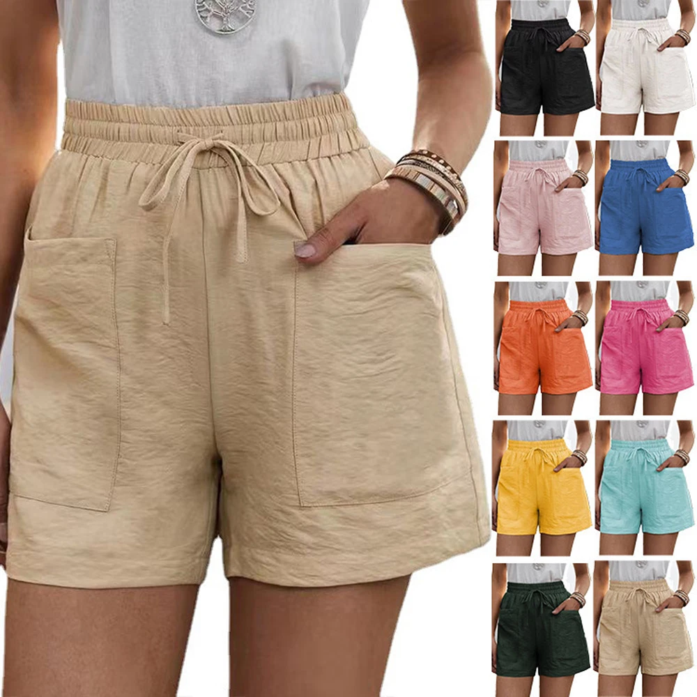 Women's Shorts Summer Casual Solid Color High Elastic Waist Drawstring Pocket Wide Leg Trousers RZYP-XF1510