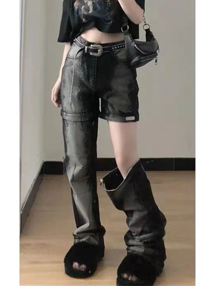 QWEEK Gothic Streetwear Black Jeans Women Y2K Vintage Grunge Emo Detachable Denim Pants Oversized Hippie Punk Wide Leg Trousers